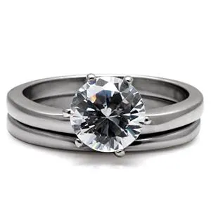 CJ7787OS Wholesale Stainless Steel Solitaire Round Cubic Zirconia Wedding Set Green Rings