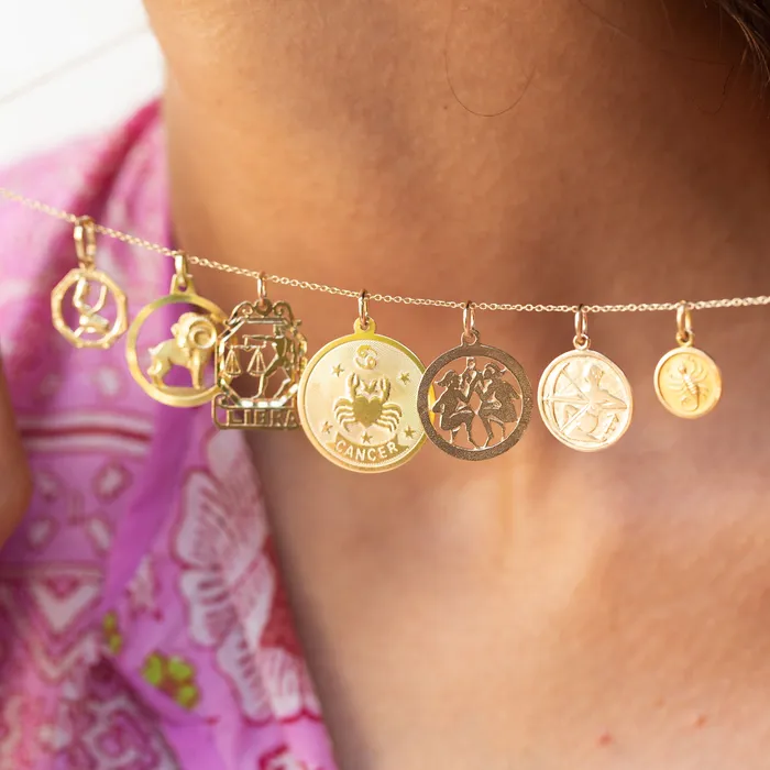 Vintage Cancer 14K Gold Disc Zodiac Charm Earrings