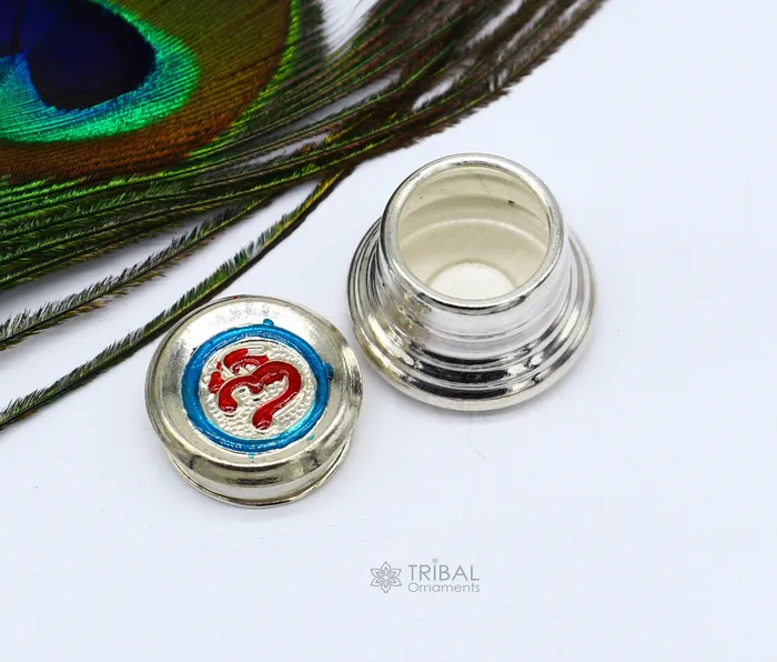 999 pure silver trinket box kajal box brides round shape box Aum design box container tobacco box eyeliner Sindur box gifting stb804 TRIBAL ORNAMENTS Rings