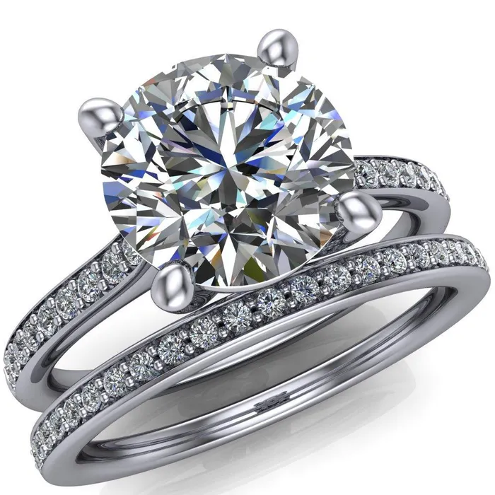 Fire Brilliance Cordelia Round Center Stone Exquisite 4 Prong Thin Diamond Row Sides Ring Rings