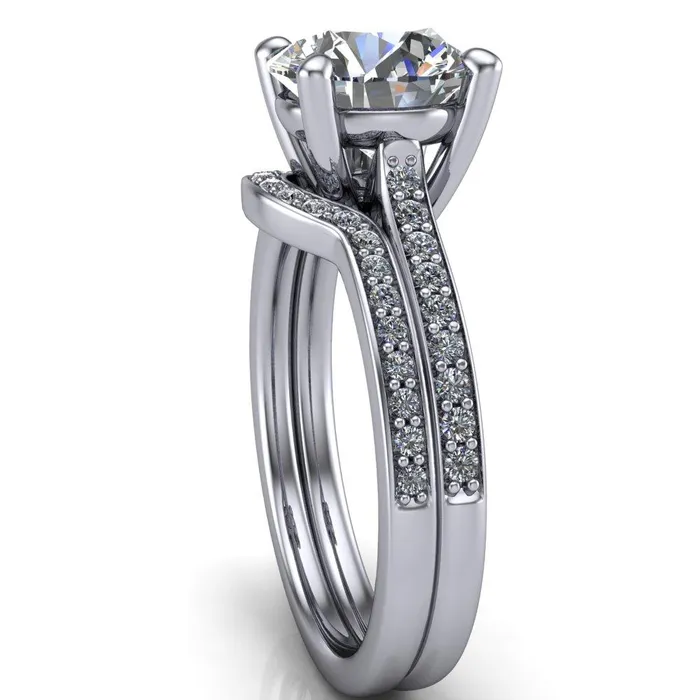Fire Brilliance Cordelia Round Center Stone Exquisite 4 Prong Thin Diamond Row Sides Ring Rings
