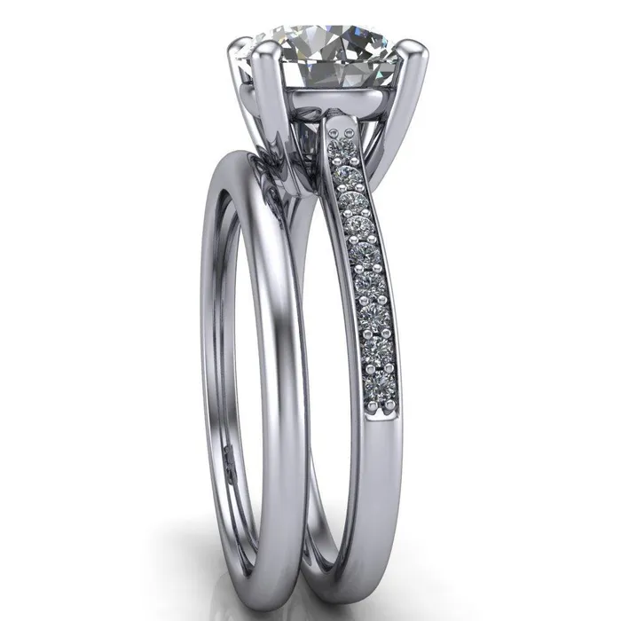 Fire Brilliance Cordelia Round Center Stone Exquisite 4 Prong Thin Diamond Row Sides Ring Rings