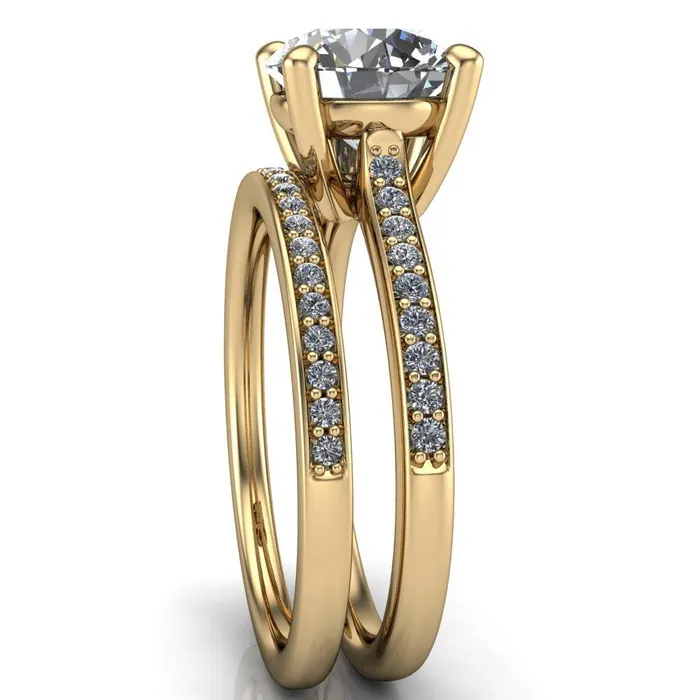 Fire Brilliance Cordelia Round Center Stone Exquisite 4 Prong Thin Diamond Row Sides Ring Rings