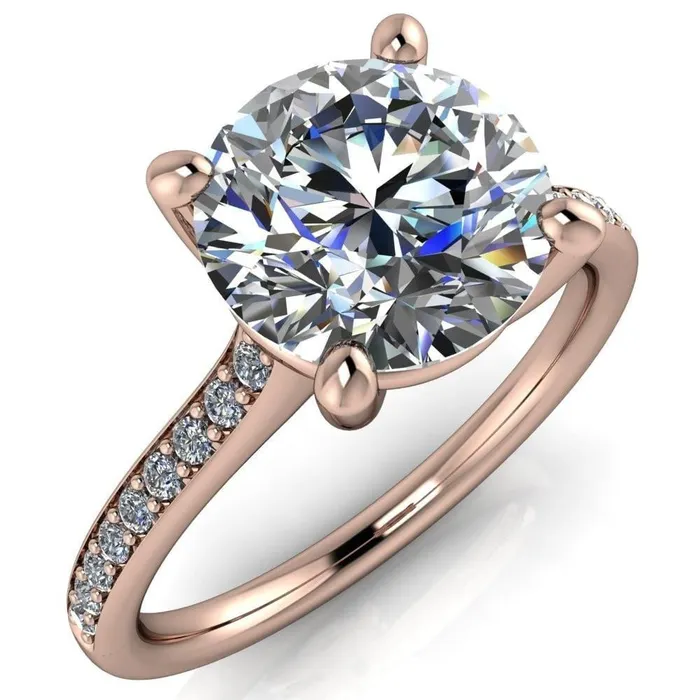 Fire Brilliance Cordelia Round Center Stone Exquisite 4 Prong Thin Diamond Row Sides Ring Rings