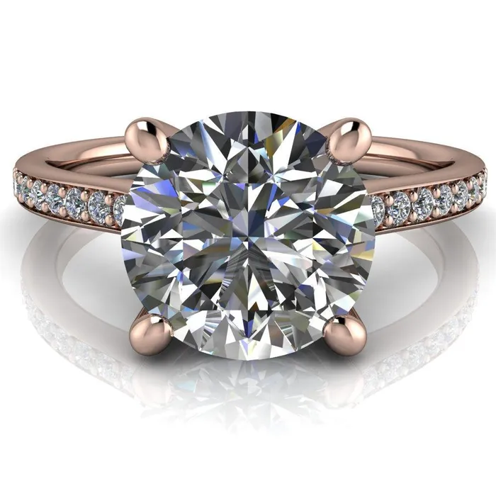 Fire Brilliance Cordelia Round Center Stone Exquisite 4 Prong Thin Diamond Row Sides Ring Rings