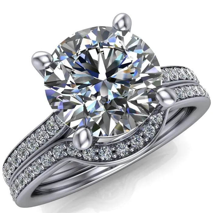 Fire Brilliance Cordelia Round Center Stone Exquisite 4 Prong Thin Diamond Row Sides Ring Rings