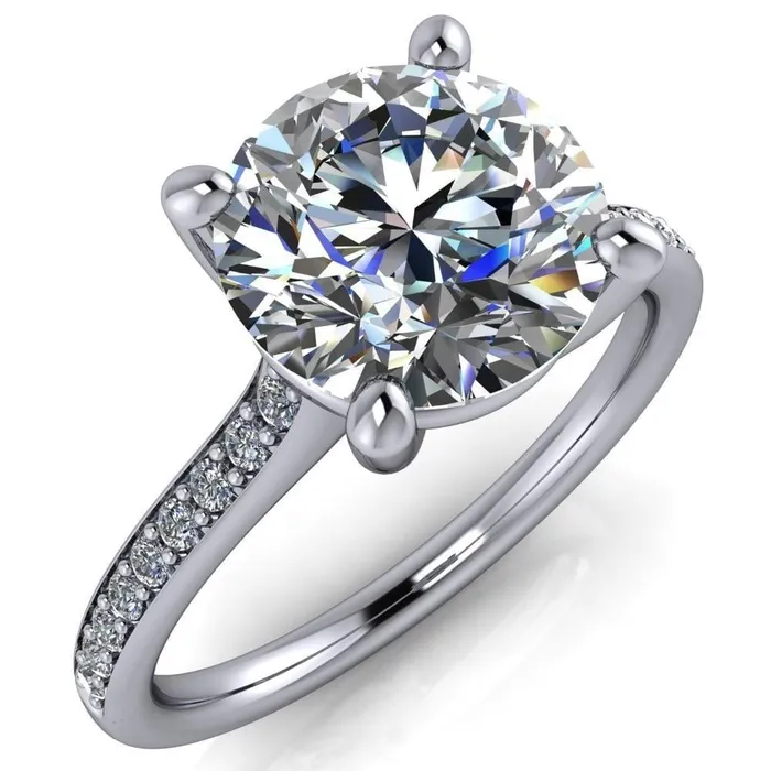 Fire Brilliance Cordelia Round Center Stone Exquisite 4 Prong Thin Diamond Row Sides Ring Rings