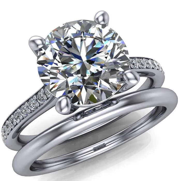 Fire Brilliance Cordelia Round Center Stone Exquisite 4 Prong Thin Diamond Row Sides Ring Rings