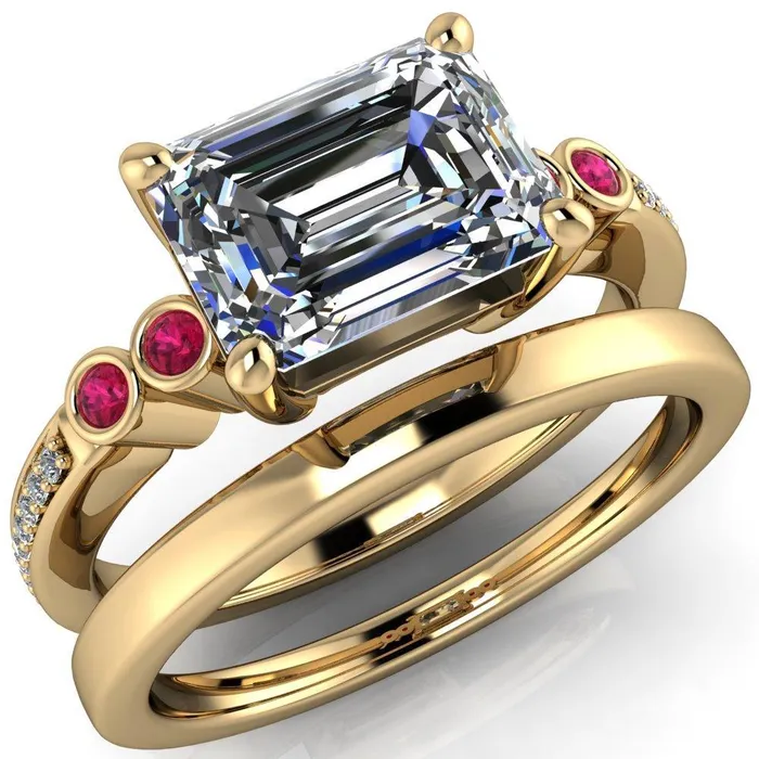 Fire Brilliance Rings Philippa Emerald Moissanite 4 Ruby Sides 4 Prong Under Bezel Multi Stone Engagement Ring
