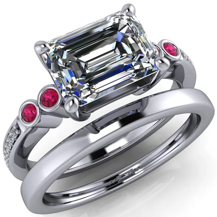 Fire Brilliance Rings Philippa Emerald Moissanite 4 Ruby Sides 4 Prong Under Bezel Multi Stone Engagement Ring