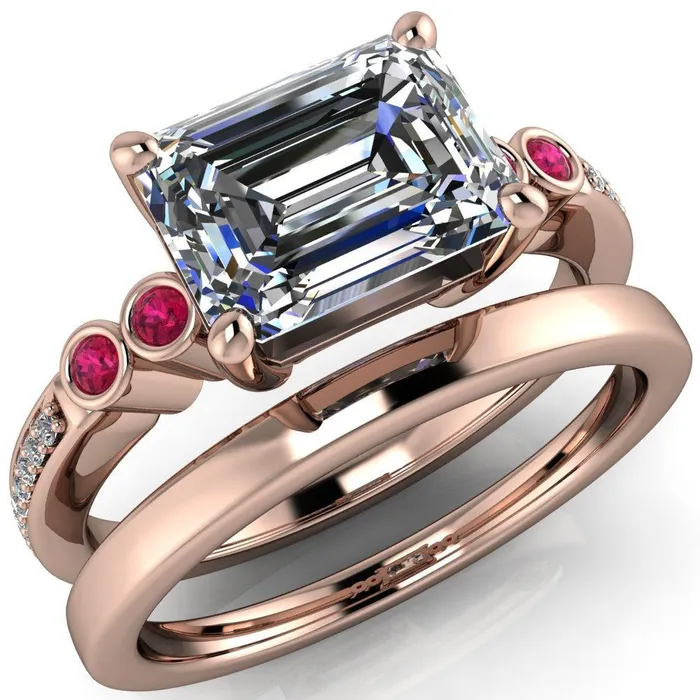Fire Brilliance Rings Philippa Emerald Moissanite 4 Ruby Sides 4 Prong Under Bezel Multi Stone Engagement Ring