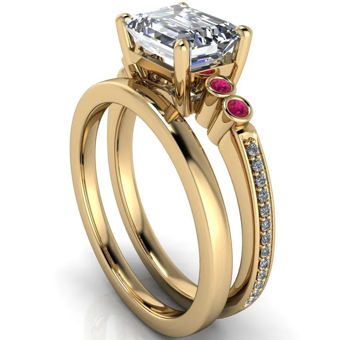 Fire Brilliance Rings Philippa Emerald Moissanite 4 Ruby Sides 4 Prong Under Bezel Multi Stone Engagement Ring