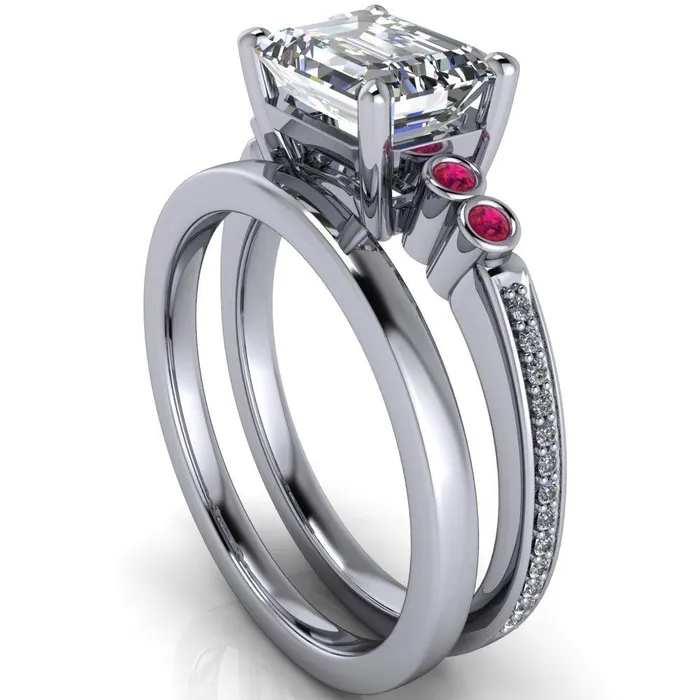 Fire Brilliance Rings Philippa Emerald Moissanite 4 Ruby Sides 4 Prong Under Bezel Multi Stone Engagement Ring