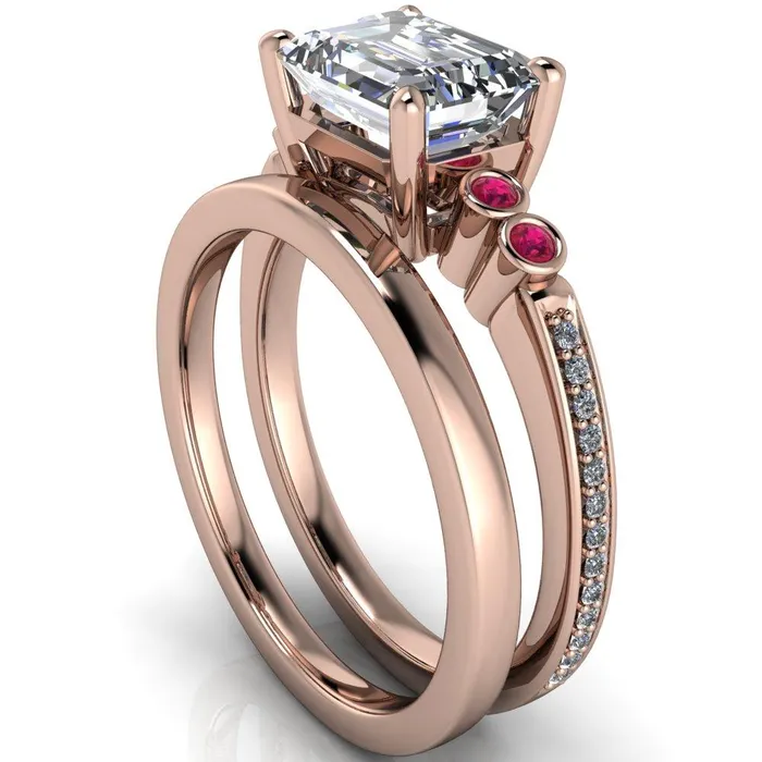 Fire Brilliance Rings Philippa Emerald Moissanite 4 Ruby Sides 4 Prong Under Bezel Multi Stone Engagement Ring