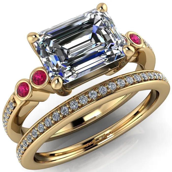 Fire Brilliance Rings Philippa Emerald Moissanite 4 Ruby Sides 4 Prong Under Bezel Multi Stone Engagement Ring