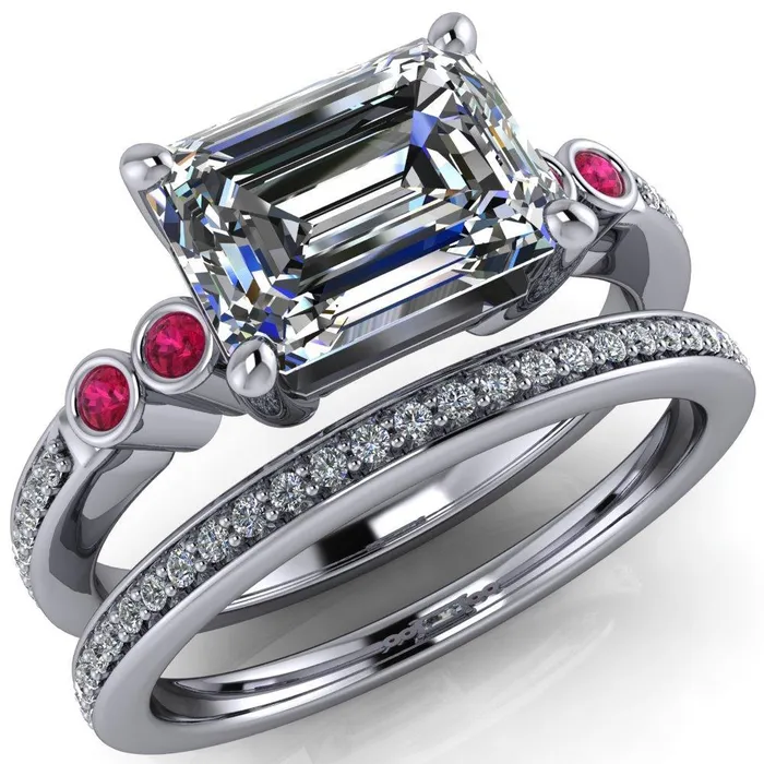 Fire Brilliance Rings Philippa Emerald Moissanite 4 Ruby Sides 4 Prong Under Bezel Multi Stone Engagement Ring