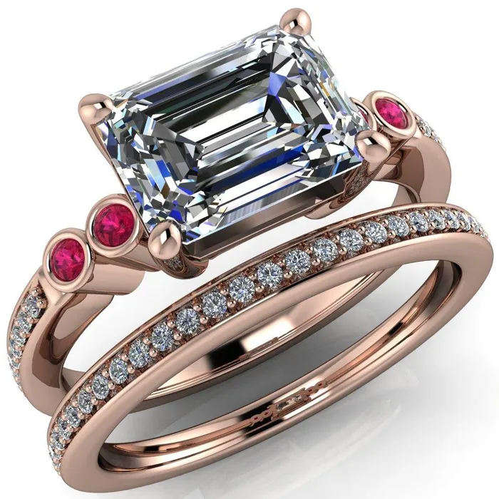 Fire Brilliance Rings Philippa Emerald Moissanite 4 Ruby Sides 4 Prong Under Bezel Multi Stone Engagement Ring