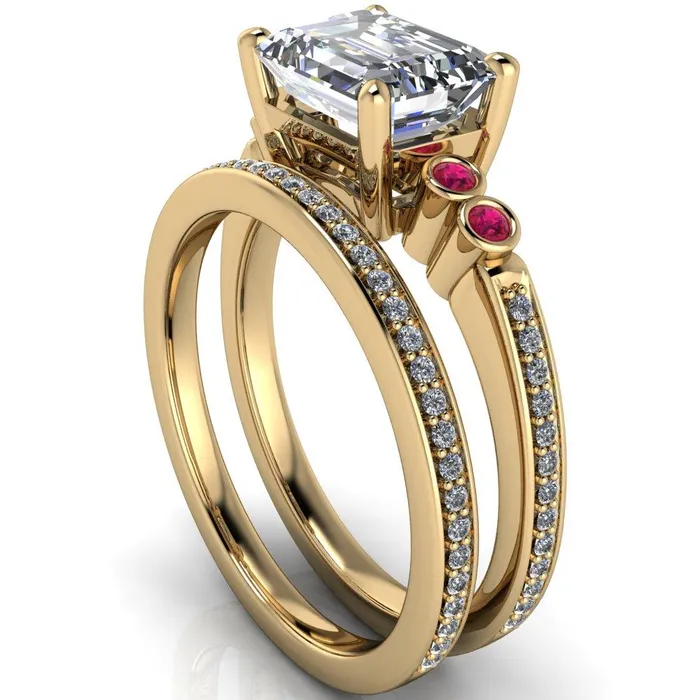 Fire Brilliance Rings Philippa Emerald Moissanite 4 Ruby Sides 4 Prong Under Bezel Multi Stone Engagement Ring