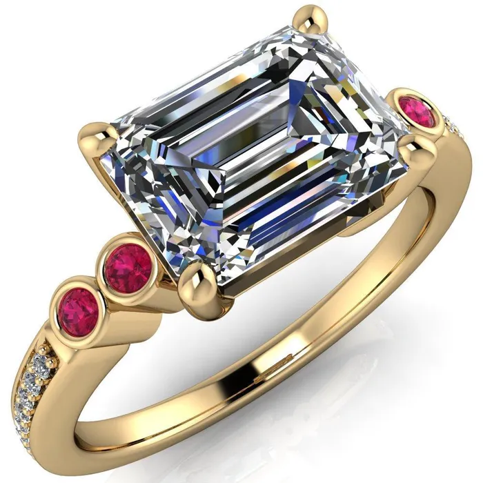 Fire Brilliance Rings Philippa Emerald Moissanite 4 Ruby Sides 4 Prong Under Bezel Multi Stone Engagement Ring