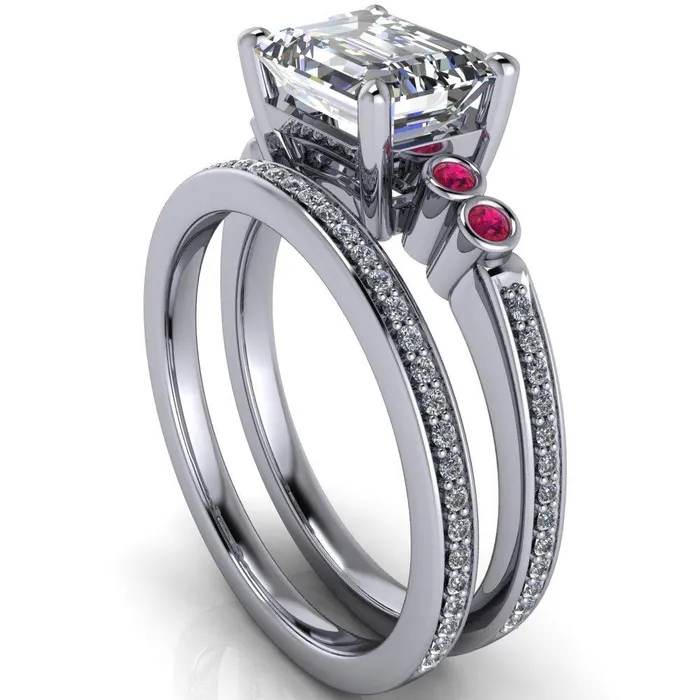 Fire Brilliance Rings Philippa Emerald Moissanite 4 Ruby Sides 4 Prong Under Bezel Multi Stone Engagement Ring