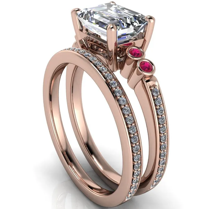 Fire Brilliance Rings Philippa Emerald Moissanite 4 Ruby Sides 4 Prong Under Bezel Multi Stone Engagement Ring