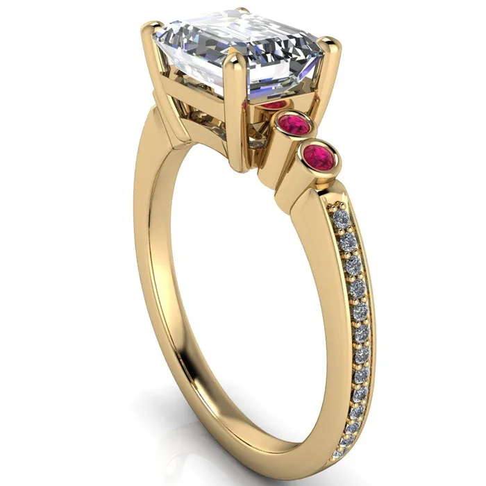 Fire Brilliance Rings Philippa Emerald Moissanite 4 Ruby Sides 4 Prong Under Bezel Multi Stone Engagement Ring