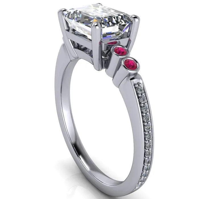 Fire Brilliance Rings Philippa Emerald Moissanite 4 Ruby Sides 4 Prong Under Bezel Multi Stone Engagement Ring