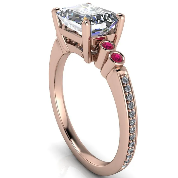 Fire Brilliance Rings Philippa Emerald Moissanite 4 Ruby Sides 4 Prong Under Bezel Multi Stone Engagement Ring
