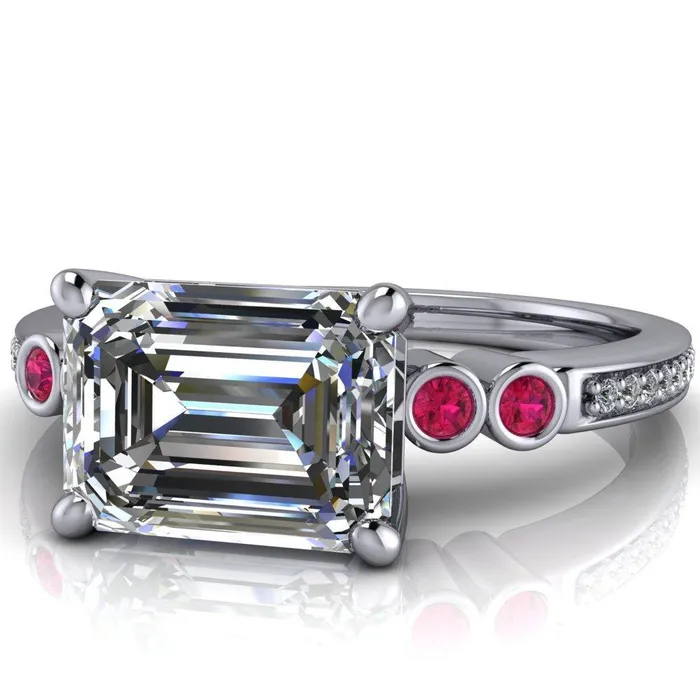Fire Brilliance Rings Philippa Emerald Moissanite 4 Ruby Sides 4 Prong Under Bezel Multi Stone Engagement Ring
