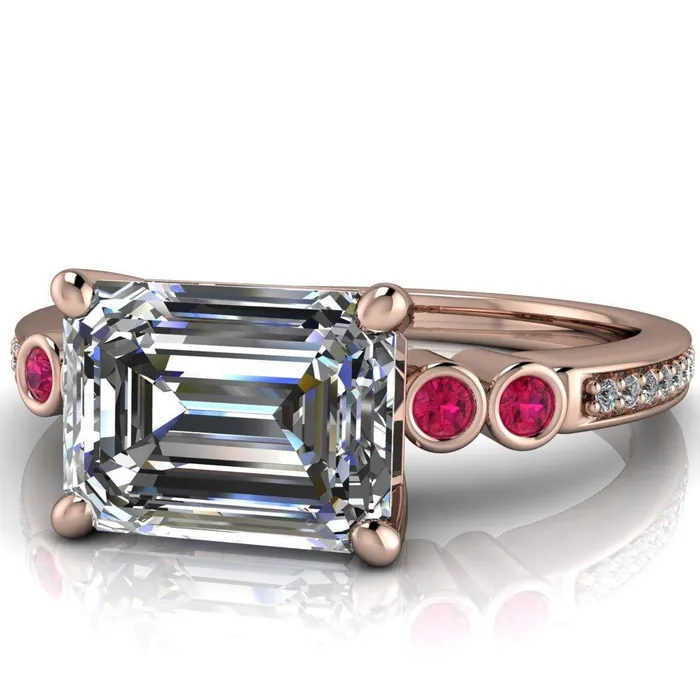 Fire Brilliance Rings Philippa Emerald Moissanite 4 Ruby Sides 4 Prong Under Bezel Multi Stone Engagement Ring