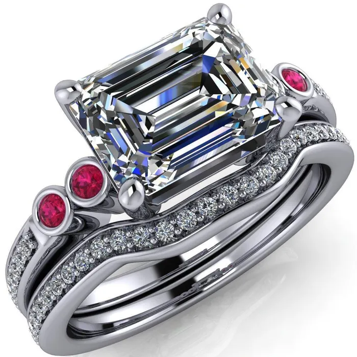 Fire Brilliance Rings Philippa Emerald Moissanite 4 Ruby Sides 4 Prong Under Bezel Multi Stone Engagement Ring