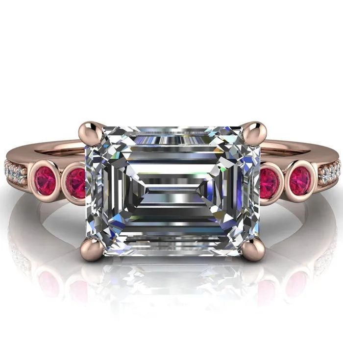 Fire Brilliance Rings Philippa Emerald Moissanite 4 Ruby Sides 4 Prong Under Bezel Multi Stone Engagement Ring