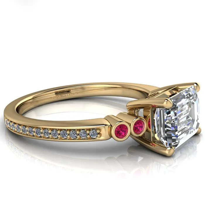 Fire Brilliance Rings Philippa Emerald Moissanite 4 Ruby Sides 4 Prong Under Bezel Multi Stone Engagement Ring
