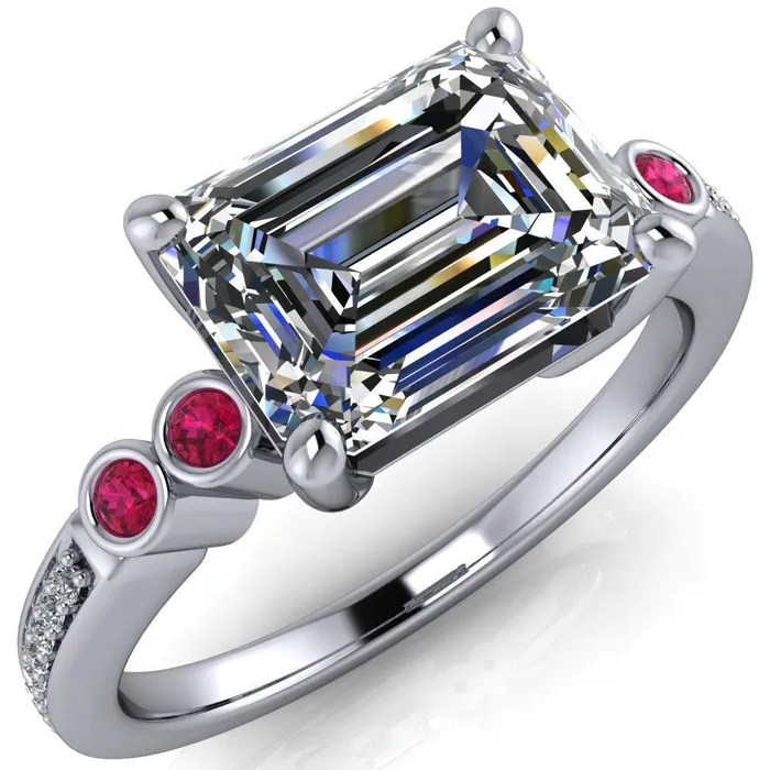 Fire Brilliance Rings Philippa Emerald Moissanite 4 Ruby Sides 4 Prong Under Bezel Multi Stone Engagement Ring