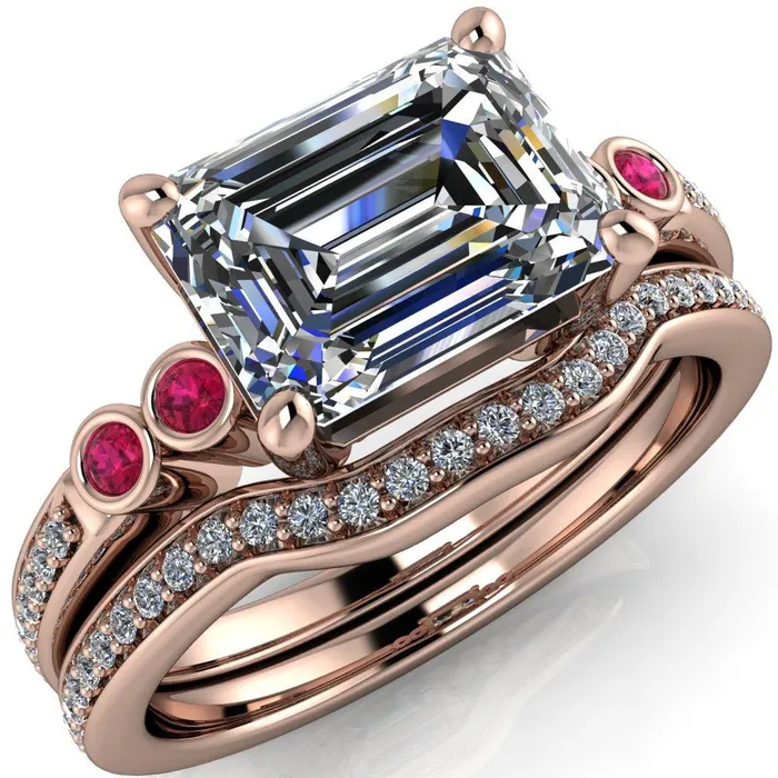 Fire Brilliance Rings Philippa Emerald Moissanite 4 Ruby Sides 4 Prong Under Bezel Multi Stone Engagement Ring