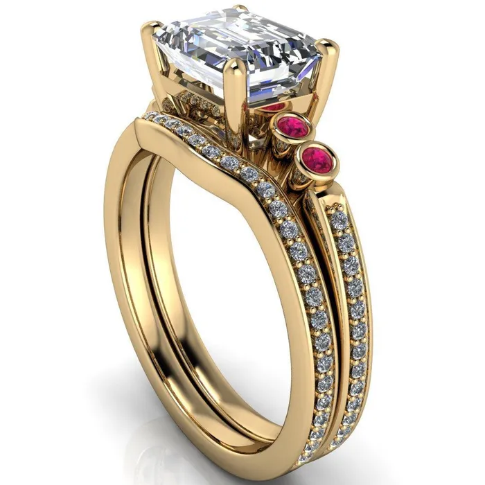 Fire Brilliance Rings Philippa Emerald Moissanite 4 Ruby Sides 4 Prong Under Bezel Multi Stone Engagement Ring