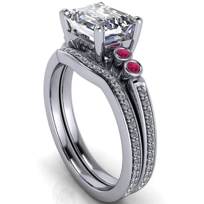 Fire Brilliance Rings Philippa Emerald Moissanite 4 Ruby Sides 4 Prong Under Bezel Multi Stone Engagement Ring
