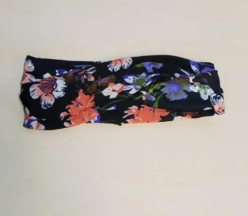 H604 Navy Blue Floral Print Cross Knotted Head Band POLLY Rings