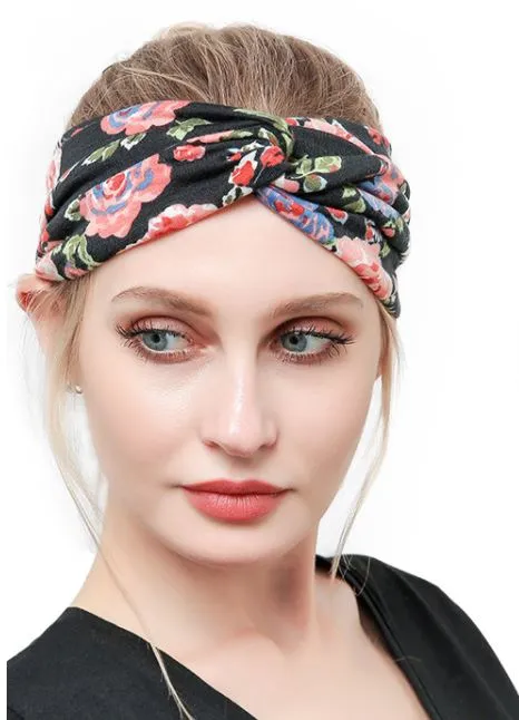 H604 Navy Blue Floral Print Cross Knotted Head Band POLLY Rings