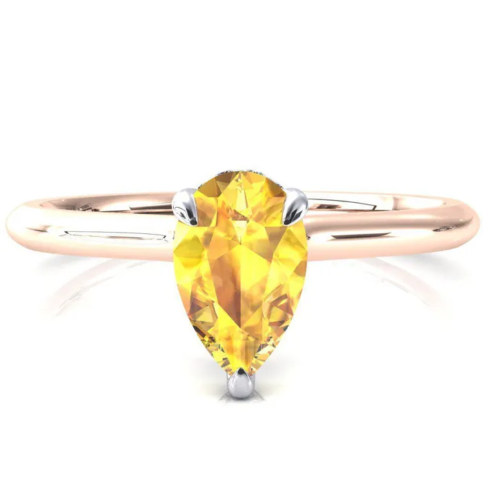 Janey Pear Yellow Sapphire 3 Prongs Claw Floating Halo Inverted Cathedral Ring Fire Brilliance Rings