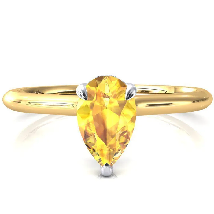 Janey Pear Yellow Sapphire 3 Prongs Claw Floating Halo Inverted Cathedral Ring Fire Brilliance Rings