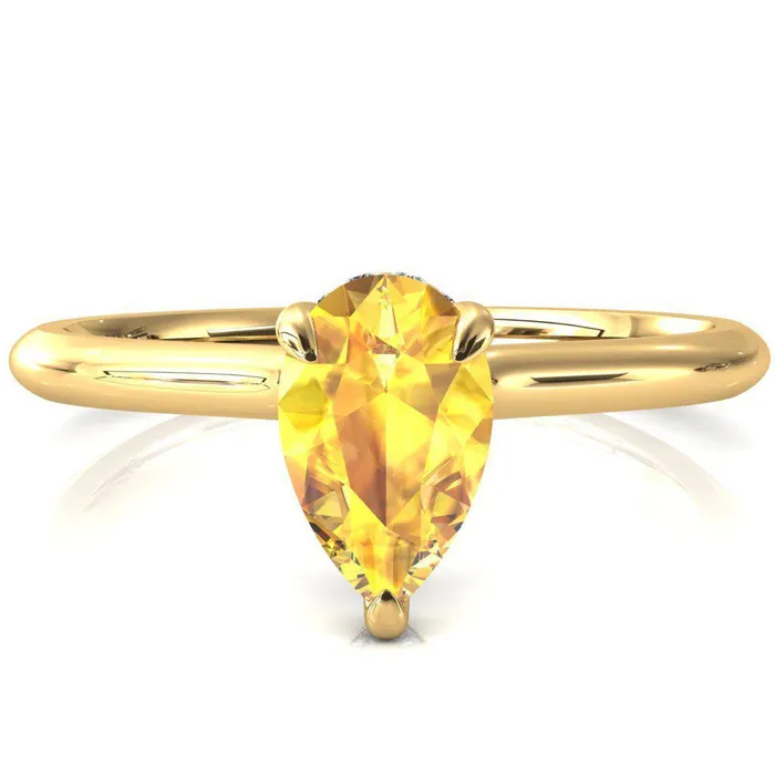 Janey Pear Yellow Sapphire 3 Prongs Claw Floating Halo Inverted Cathedral Ring Fire Brilliance Rings