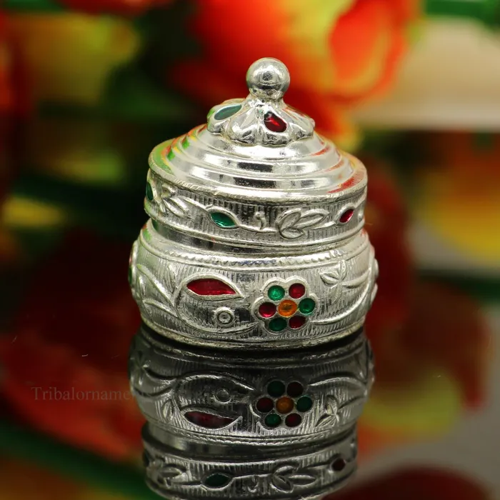 Rings TRIBAL ORNAMENTS Solid sterling silver unique antique design handmade brides eyes kajal box surma box kumkum sindur box small trinket box article stb238