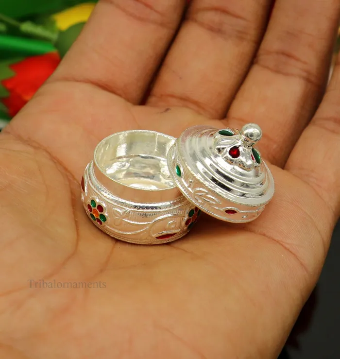 Rings TRIBAL ORNAMENTS Solid sterling silver unique antique design handmade brides eyes kajal box surma box kumkum sindur box small trinket box article stb238