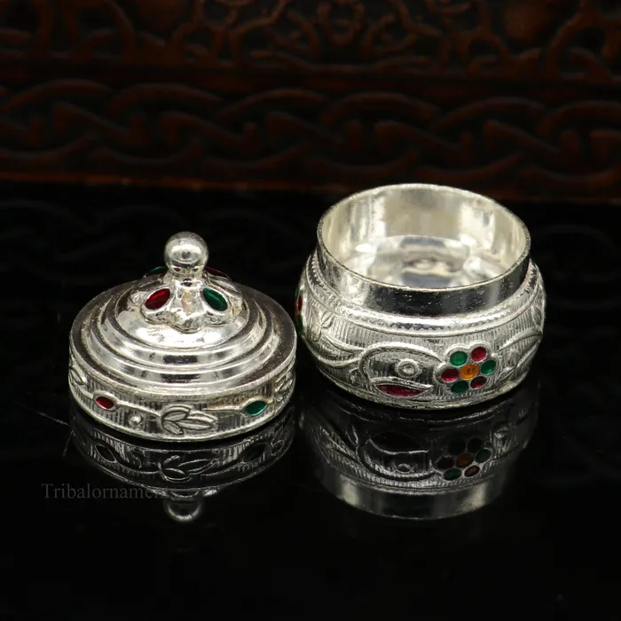 Rings TRIBAL ORNAMENTS Solid sterling silver unique antique design handmade brides eyes kajal box surma box kumkum sindur box small trinket box article stb238