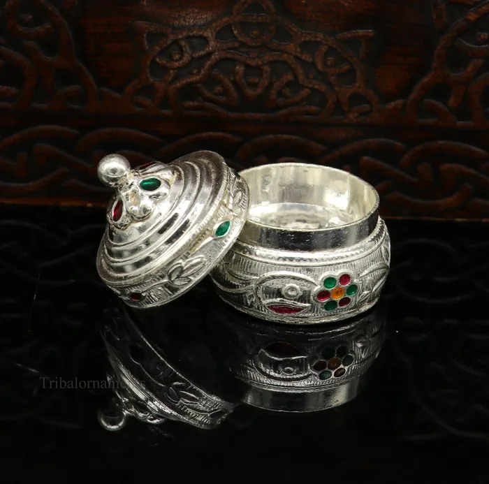 Rings TRIBAL ORNAMENTS Solid sterling silver unique antique design handmade brides eyes kajal box surma box kumkum sindur box small trinket box article stb238
