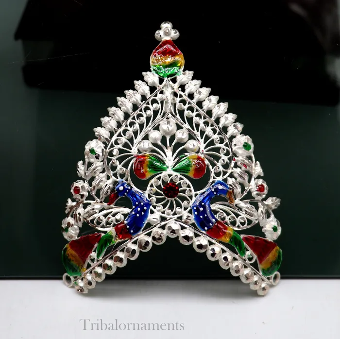 Rings TribalOrnaments Solid sterling silver vintage antique design handmade mukut crown amazing peacock design silver god crown home temple god art su525 Rings TribalOrnaments Solid sterling silver vintage antique design handmade mukut crown amazing peacock design silver god crown home temple god art su525