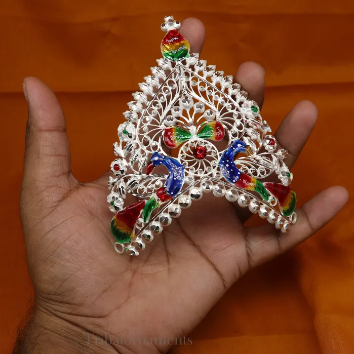 Rings TribalOrnaments Solid sterling silver vintage antique design handmade mukut crown amazing peacock design silver god crown home temple god art su525 Rings TribalOrnaments Solid sterling silver vintage antique design handmade mukut crown amazing peacock design silver god crown home temple god art su525