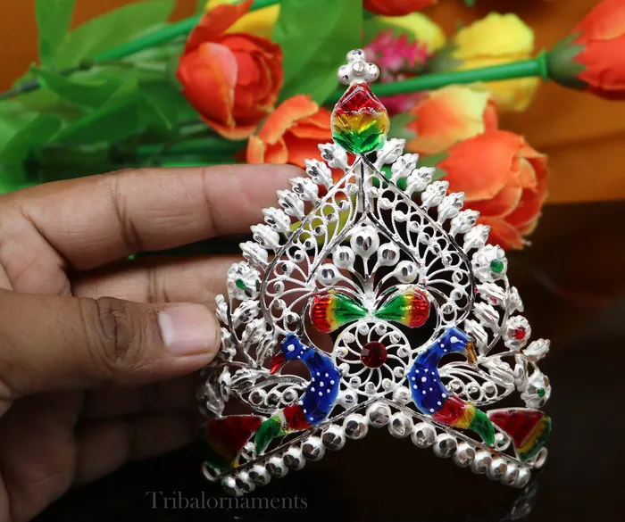 Rings TribalOrnaments Solid sterling silver vintage antique design handmade mukut crown amazing peacock design silver god crown home temple god art su525 Rings TribalOrnaments Solid sterling silver vintage antique design handmade mukut crown amazing peacock design silver god crown home temple god art su525