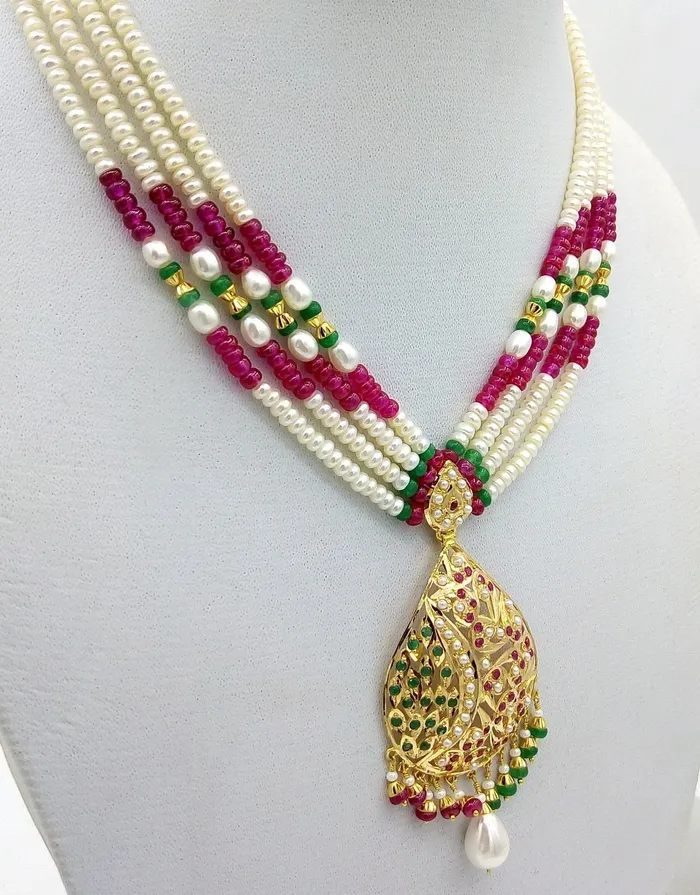 TRIBAL ORNAMENTS Punjabi jewellery 22k 22ct necklace traditional pearl ruby emerald Necklaces